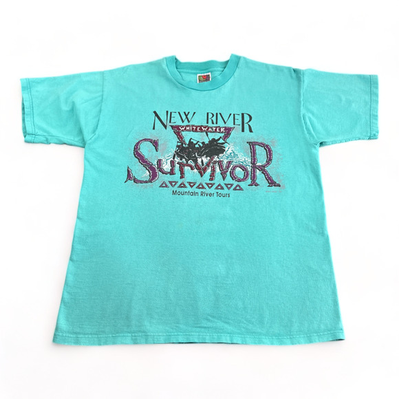 Vintage Whitewater Rafting Survivor Shirt Adult MEDIUM 90s Green New River - Picture 1 of 6